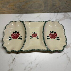 Hermitage Pottery Stoneware Country Red Apple Green Sponged Design Divided Dish